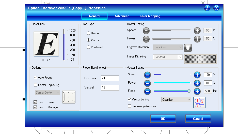 Preferences set to cut 1/8" acryllic